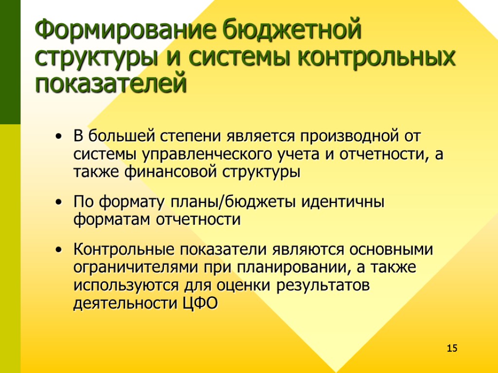 15 Формирование бюджетной структуры и системы контрольных показателей В большей степени является производной от